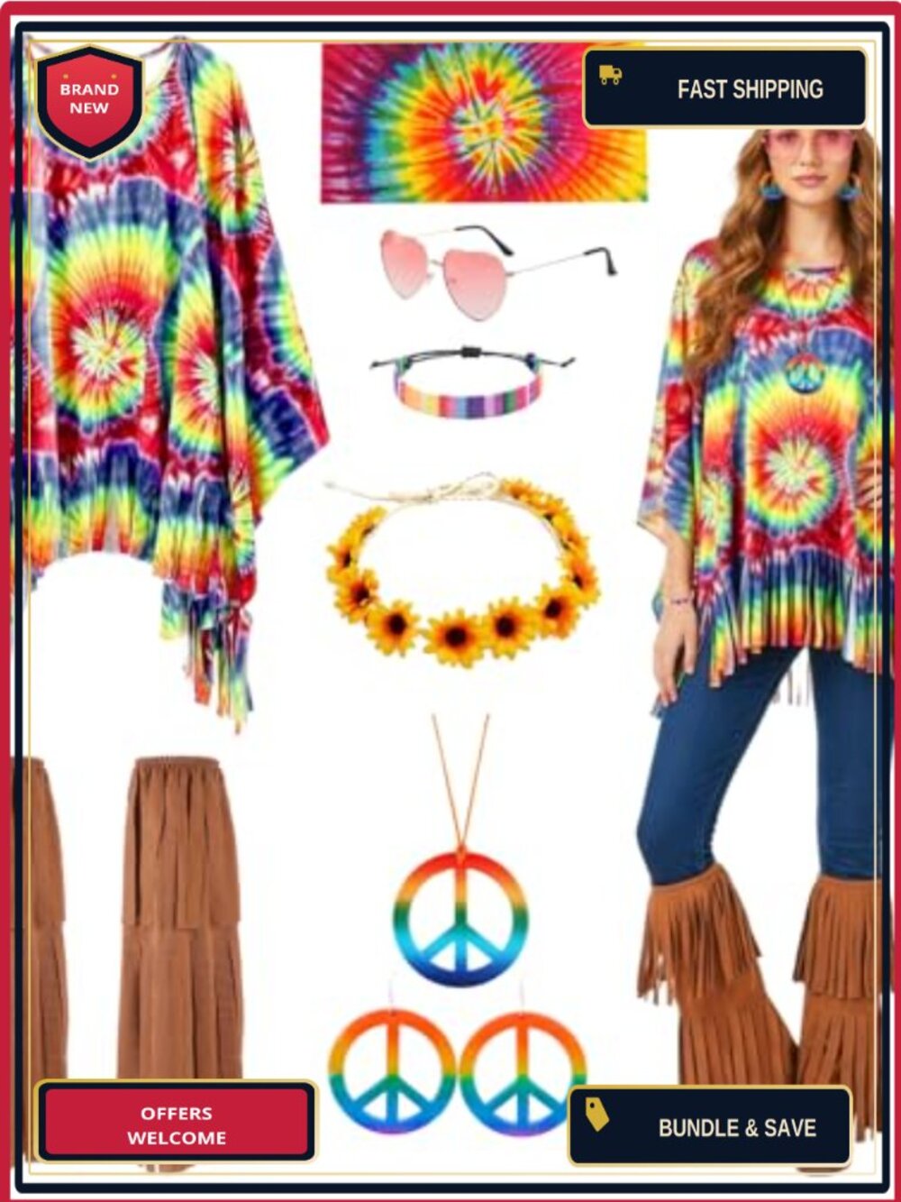 70s Hippie Costume Accessory Set Tie-Dye Headscarf Shawl Leg Warmers